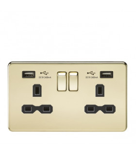 13A 2G Switched Socket with Dual USB Charger (2.4A) - Polished Brass with Black Insert