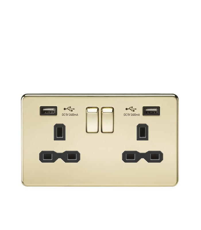 13A 2G Switched Socket with Dual USB Charger (2.4A) - Polished Brass with Black Insert