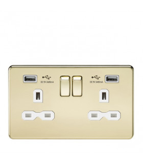 13A 2G Switched Socket with Dual USB Charger (2.4A) - Polished Brass with White Insert