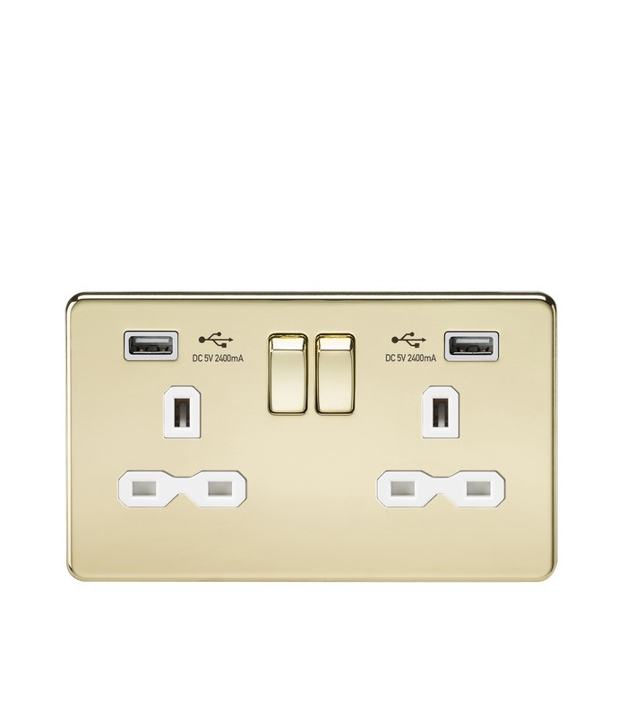 13A 2G Switched Socket with Dual USB Charger (2.4A) - Polished Brass with White Insert