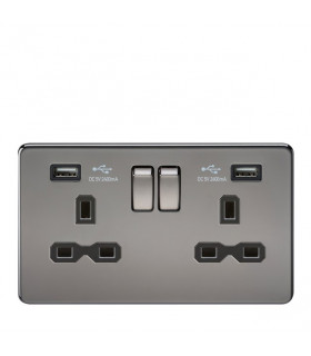 13A 2G Switched Socket with Dual USB Charger (2.4A) - Black Nickel with Black Insert