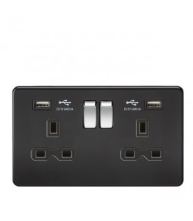 13A 2G Switched Socket with Dual USB Charger (2.4A) - Matt Black with Chrome Rockers