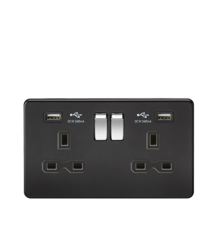 13A 2G Switched Socket with Dual USB Charger (2.4A) - Matt Black with Chrome Rockers