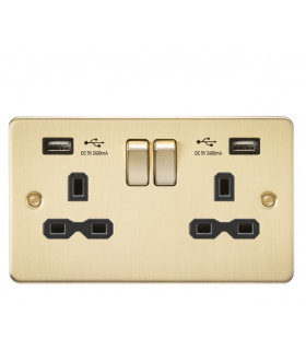 Flat plate 13A 2G switched socket with dual USB charger (2.4A) - brushed brass with black insert