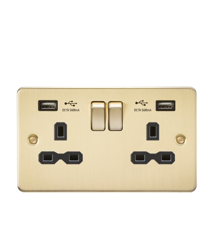 Flat plate 13A 2G switched socket with dual USB charger (2.4A) - brushed brass with black insert