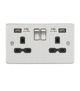 Flat plate 13A 2G switched socket with dual USB charger (2.4A) - brushed chrome with black insert