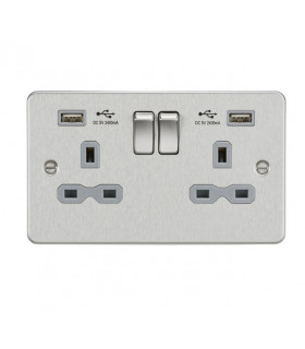 Flat plate 13A 2G switched socket with dual USB charger (2.4A) - brushed chrome with grey insert