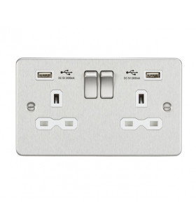 Flat plate 13A 2G switched socket with dual USB charger (2.4A) - brushed chrome with white insert