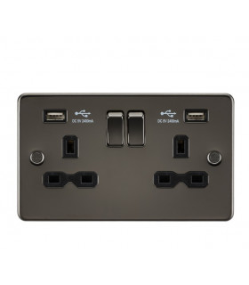 Flat plate 13A 2G switched socket with dual USB charger (2.4A) - gunmetal with black insert