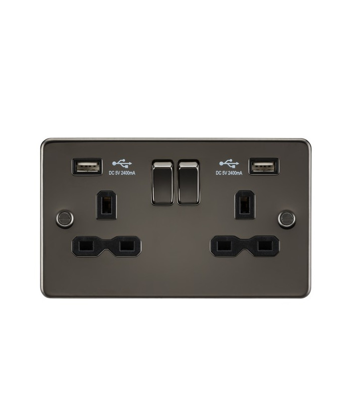 Flat plate 13A 2G switched socket with dual USB charger (2.4A) - gunmetal with black insert