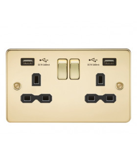 Flat plate 13A 2G switched socket with dual USB charger (2.4A) - polished brass with black insert