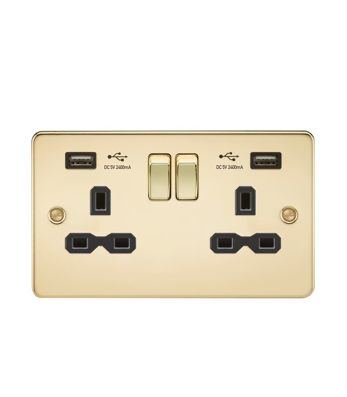 Flat plate 13A 2G switched socket with dual USB charger (2.4A) - polished brass with black insert