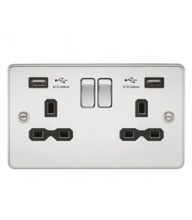 Flat plate 13A 2G switched socket with dual USB charger (2.4A) - polished chrome with black insert