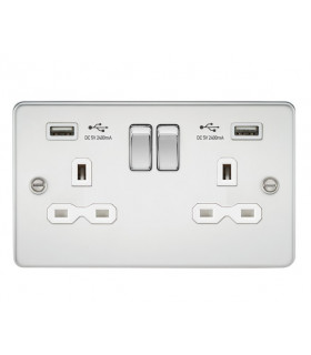 Flat plate 13A 2G switched socket with dual USB charger (2.4A) - polished chrome with white insert