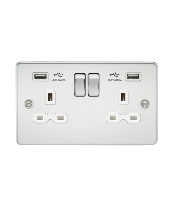 Flat plate 13A 2G switched socket with dual USB charger (2.4A) - polished chrome with white insert