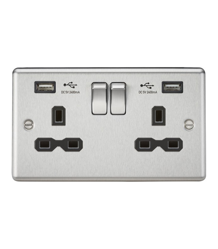 13A 2G Switched Socket Dual USB Charger (2.4A) with Black Insert - Rounded Edge Brushed Chrome