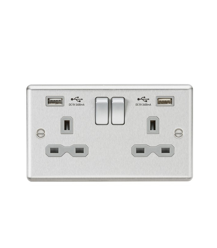 13A 2G Switched Socket Dual USB Charger (2.4A) with Grey Insert - Rounded Edge Brushed Chrome