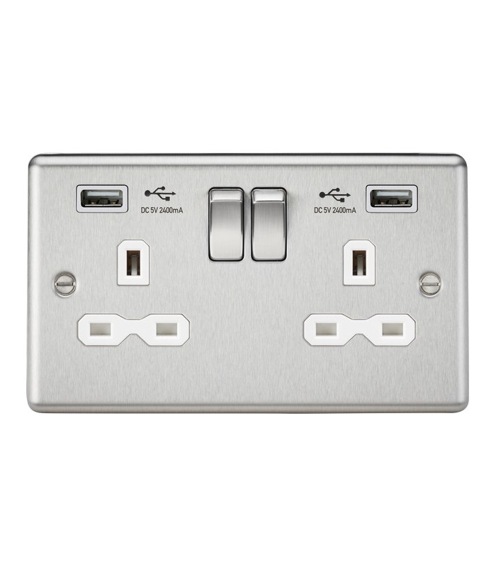 13A 2G Switched Socket Dual USB Charger (2.4A) with White Insert - Rounded Edge Brushed Chrome