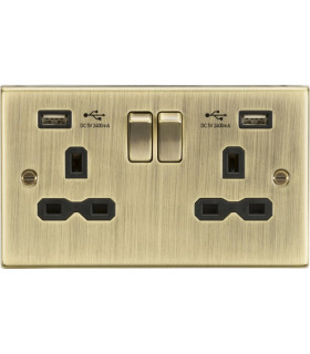 13A 2G Switched Socket Dual USB Charger (2.4A) with Black Insert - Square Edge Antique Brass