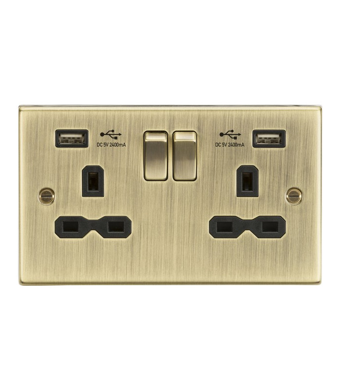 13A 2G Switched Socket Dual USB Charger (2.4A) with Black Insert - Square Edge Antique Brass