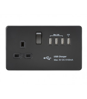 Screwless 13A switched socket with quad USB charger (5.1A) - Matt Black