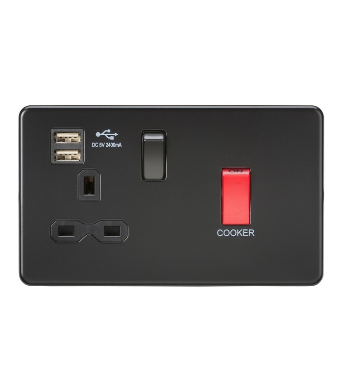 45A DP Switch & 13A Switched Socket with Dual USB Charger 2.4A - Matt Black