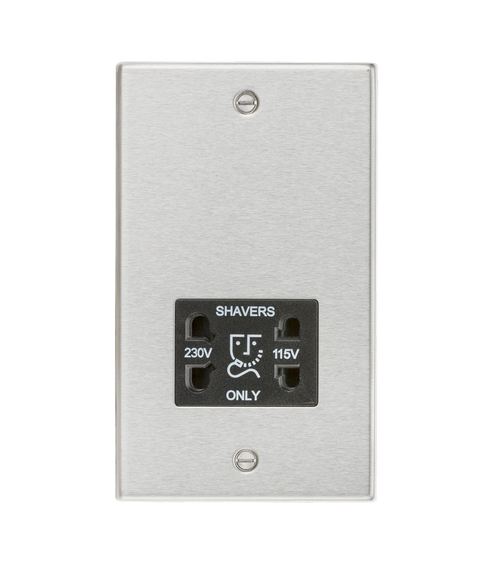 115/230V Dual Voltage Shaver Socket with Black Insert - Square Edge Brushed Chrome