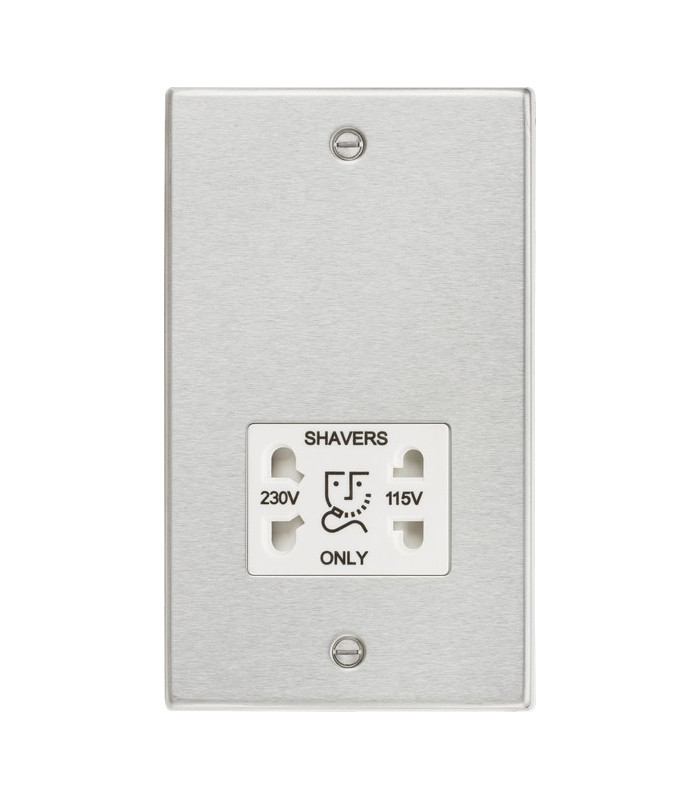 115/230V Dual Voltage Shaver Socket with White Insert - Square Edge Brushed Chrome