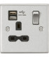 13A 1G Switched Socket Dual USB Charger (2.1A) with Black Insert - Square Edge Brushed Chrome