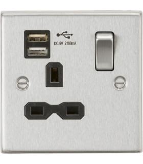 13A 1G Switched Socket Dual USB Charger (2.1A) with Black Insert - Square Edge Brushed Chrome