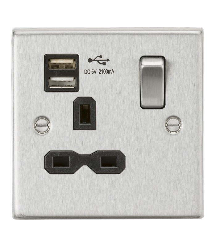 13A 1G Switched Socket Dual USB Charger (2.1A) with Black Insert - Square Edge Brushed Chrome