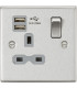 13A 1G Switched Socket Dual USB Charger (2.1A) with Grey Insert - Square Edge Brushed Chrome