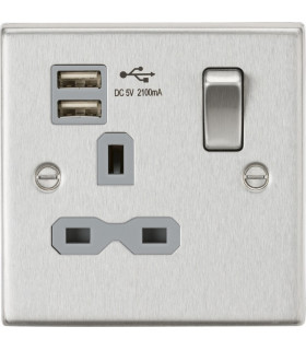 13A 1G Switched Socket Dual USB Charger (2.1A) with Grey Insert - Square Edge Brushed Chrome