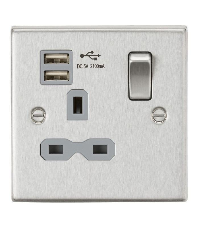 13A 1G Switched Socket Dual USB Charger (2.1A) with Grey Insert - Square Edge Brushed Chrome