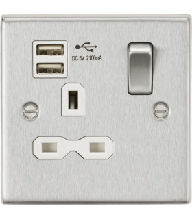 13A 1G Switched Socket Dual USB Charger (2.1A) with White Insert - Square Edge Brushed Chrome