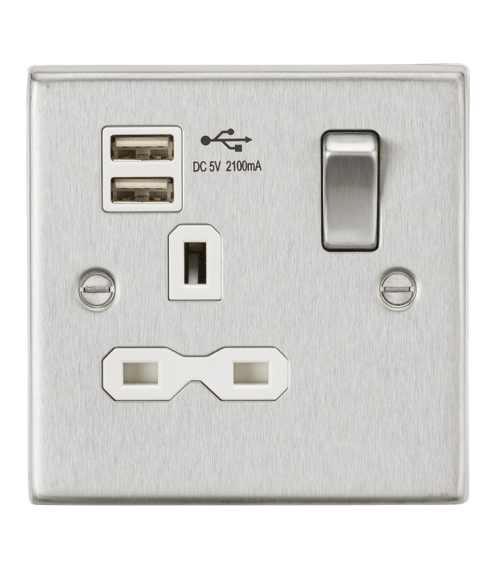 13A 1G Switched Socket Dual USB Charger (2.1A) with White Insert - Square Edge Brushed Chrome