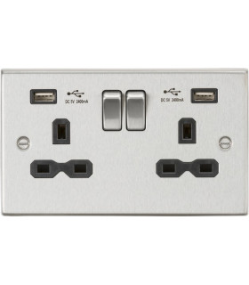 13A 2G Switched Socket Dual USB Charger (2.4A) with Black Insert - Square Edge Brushed Chrome