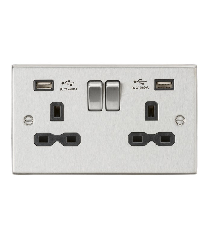 13A 2G Switched Socket Dual USB Charger (2.4A) with Black Insert - Square Edge Brushed Chrome