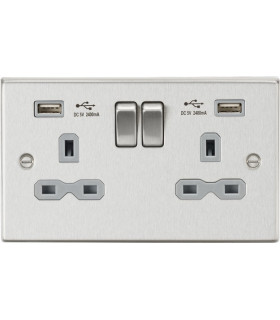 13A 2G Switched Socket Dual USB Charger (2.4A) with Grey Insert - Square Edge Brushed Chrome