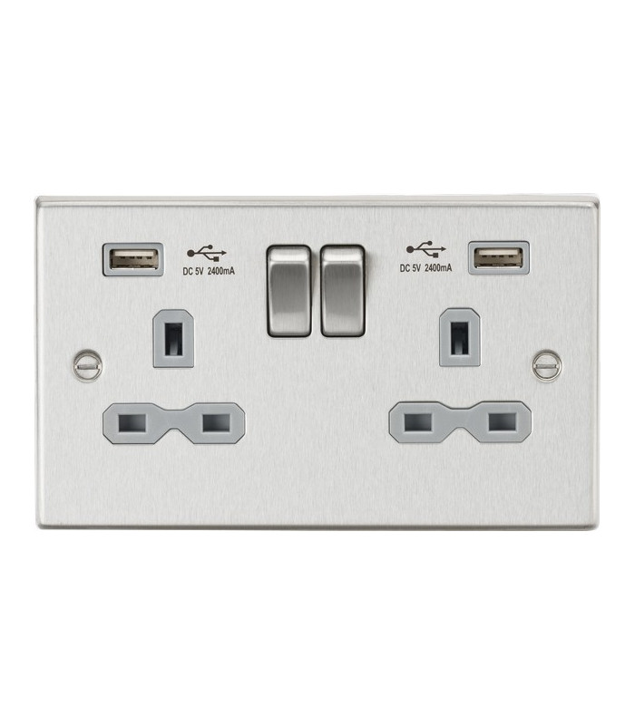 13A 2G Switched Socket Dual USB Charger (2.4A) with Grey Insert - Square Edge Brushed Chrome