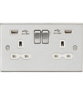 13A 2G Switched Socket Dual USB Charger (2.4A) with White Insert - Square Edge Brushed Chrome