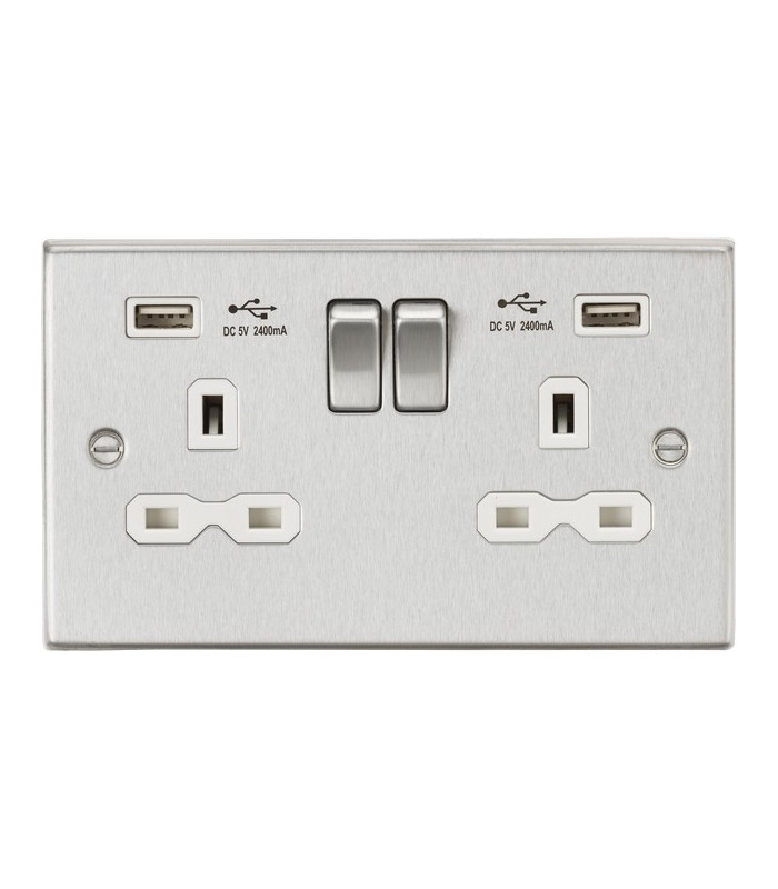 13A 2G Switched Socket Dual USB Charger (2.4A) with White Insert - Square Edge Brushed Chrome