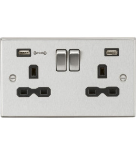 13A 2G DP Switched Socket with Dual USB Charger (Type-A FASTCHARGE port) - Brushed Chrome/Black