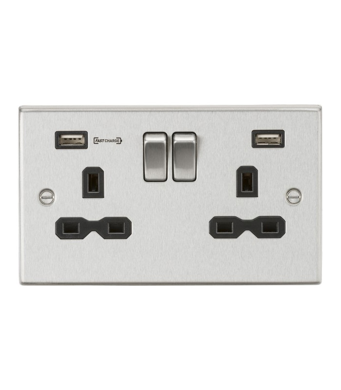 13A 2G DP Switched Socket with Dual USB Charger (Type-A FASTCHARGE port) - Brushed Chrome/Black