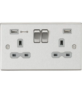 13A 2G DP Switched Socket with Dual USB Charger (Type-A FASTCHARGE port) - Brushed Chrome/Grey