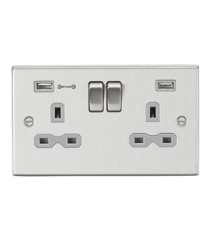 13A 2G DP Switched Socket with Dual USB Charger (Type-A FASTCHARGE port) - Brushed Chrome/Grey