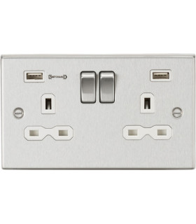 13A 2G DP Switched Socket with Dual USB Charger (Type-A FASTCHARGE port) - Brushed Chrome/White