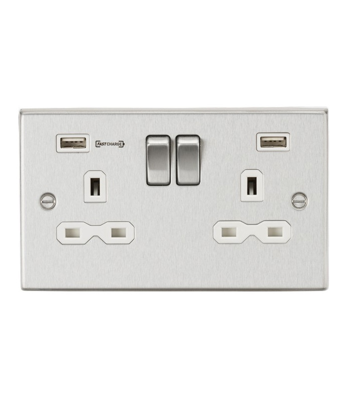 13A 2G DP Switched Socket with Dual USB Charger (Type-A FASTCHARGE port) - Brushed Chrome/White