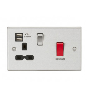 45A DP Switch & 13A Switched Socket with Dual USB Charger 2.4A - Brushed Chrome with black insert
