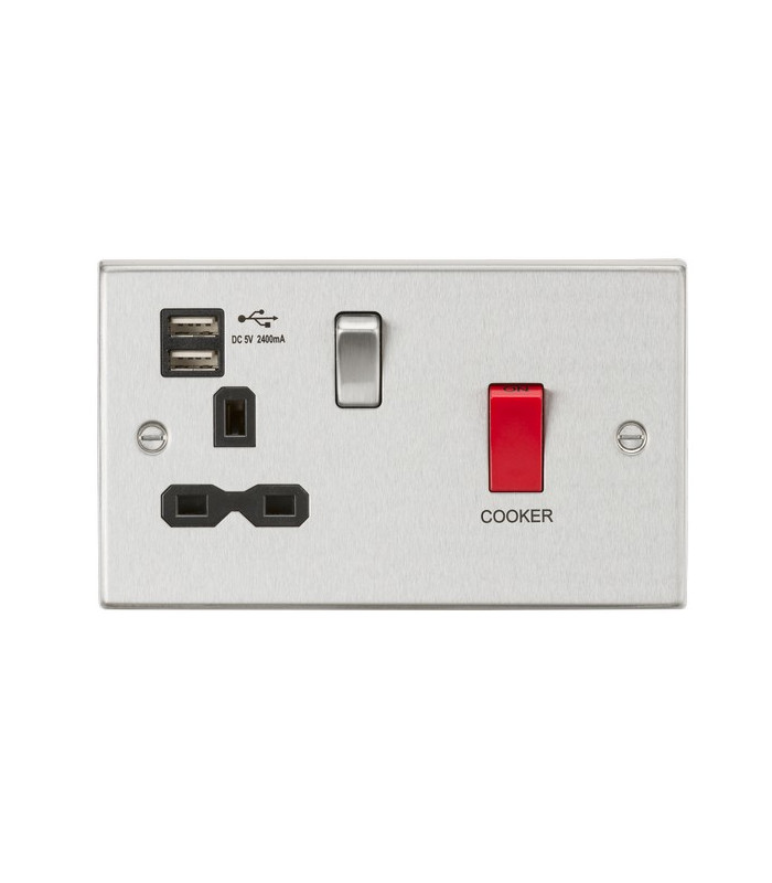 45A DP Switch & 13A Switched Socket with Dual USB Charger 2.4A - Brushed Chrome with black insert